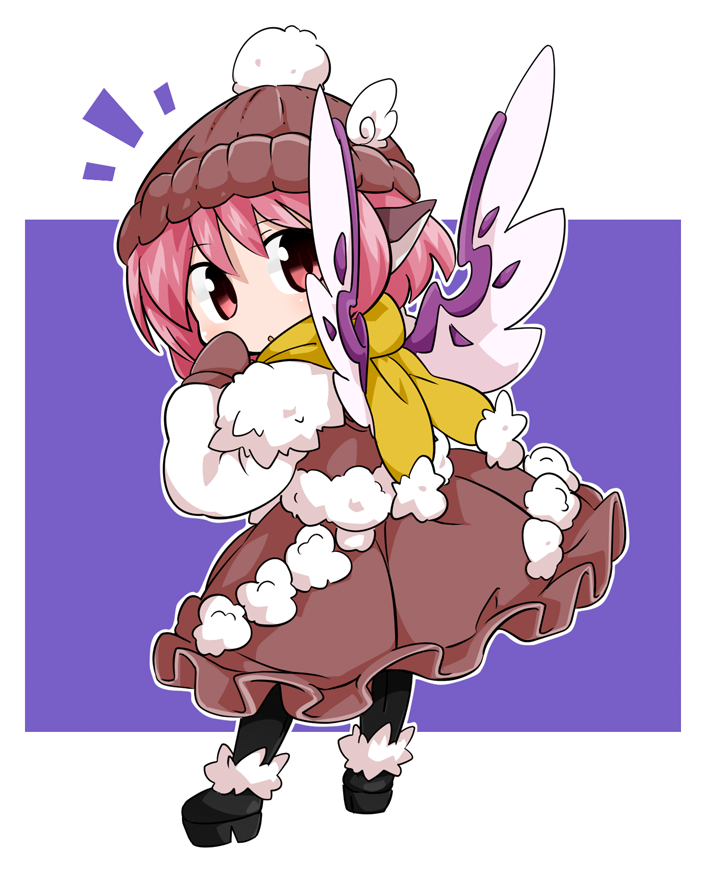 1girl adapted_costume alternate_headwear animal_ears back black_legwear brown_dress byourou chibi dress gloves hat long_sleeves looking_at_viewer looking_back mystia_lorelei open_mouth pantyhose pink_eyes pink_hair pom_pom_(clothes) purple_background scarf shoes short_hair simple_background solo touhou wings