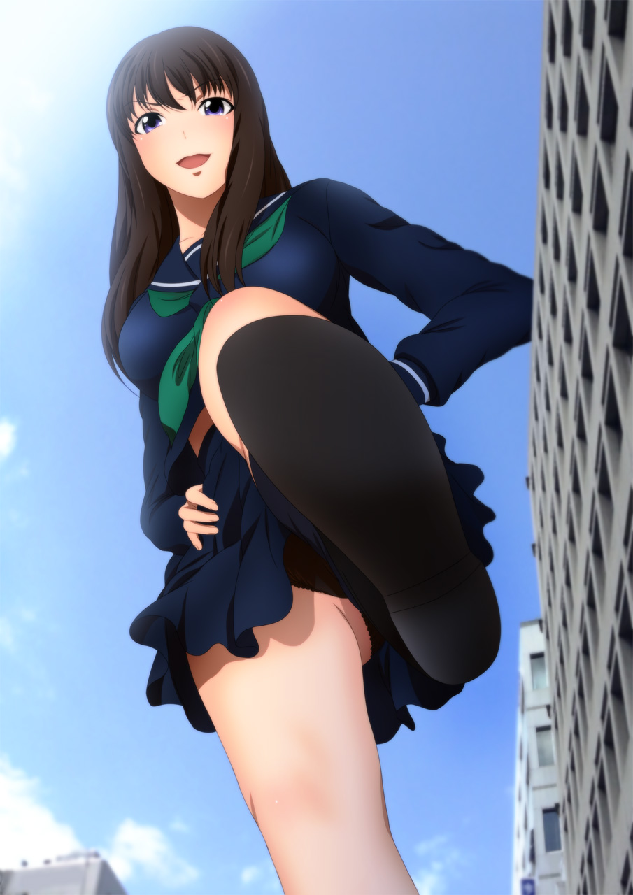 1girl black_hair black_panties giantess hands_on_hips highres long_hair open_mouth panties shoes skirt underwear yadokari_genpachirou