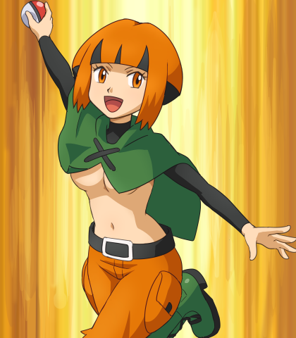 1girl belt boots breasts gym_leader lowres midriff natane_(pokemon) navel orange_eyes orange_hair poke_ball pokemoa pokemon pokemon_(anime) short_hair shorts solo under_boob