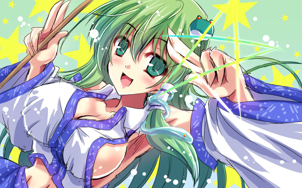 1girl arm_up armpits breasts cleavage collarbone detached_sleeves frog_hair_ornament green_eyes green_hair hair_ornament kochiya_sanae large_breasts long_hair long_sleeves midriff navel no_bra open_mouth pose shirt sideboob skirt smile snake_hair_ornament solo star touhou very_long_hair wide_sleeves yamu_(reverse_noise)