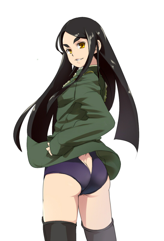 1girl ass ass_cutout black_hair black_legwear butt_crack cowboy_shot dragon_tail eyebrows fusou_empire_princess long_hair long_sleeves military military_uniform simple_background solo strike_witches strike_witches_zero swimsuit swimsuit_under_clothes tail thick_eyebrows thigh-highs uniform uno_ichi very_long_hair white_background