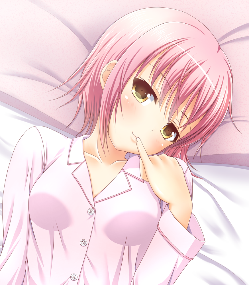 1girl brown_eyes kk-sk-ray lying original pajamas pink_hair short_hair solo