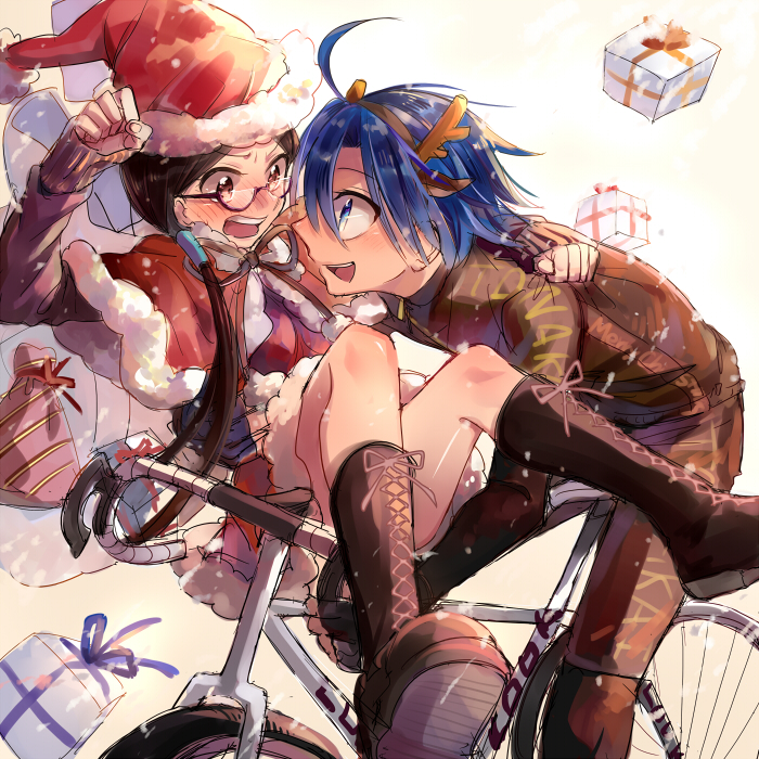 1boy 1girl akizuki_buranko antlers bicycle black_hair blue_hair blush christmas gift glasses hat long_hair low_twintails manami_sangaku miyahara_(yowamushi_pedal) reindeer_antlers santa_costume santa_hat short_hair twintails yowamushi_pedal