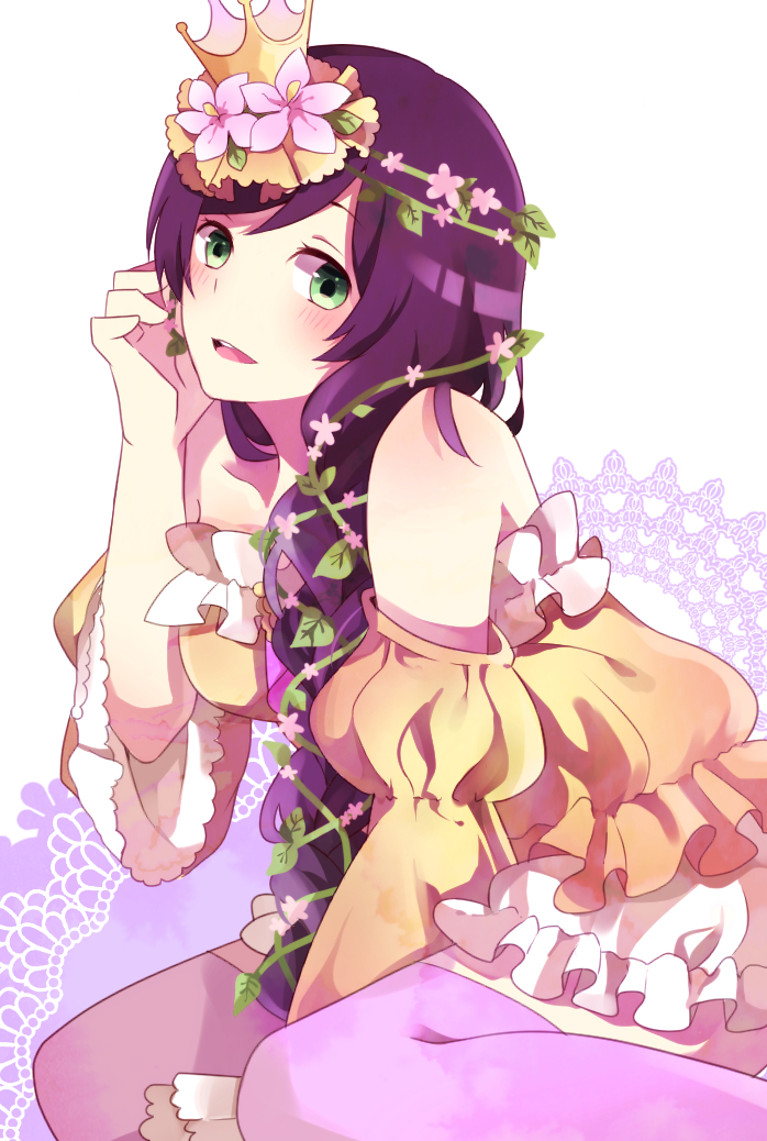1girl adjusting_hair bare_shoulders crown detached_sleeves flower frills green_eyes long_hair looking_at_viewer love_live!_school_idol_project open_mouth purple_hair solo tagme thigh-highs toujou_nozomi