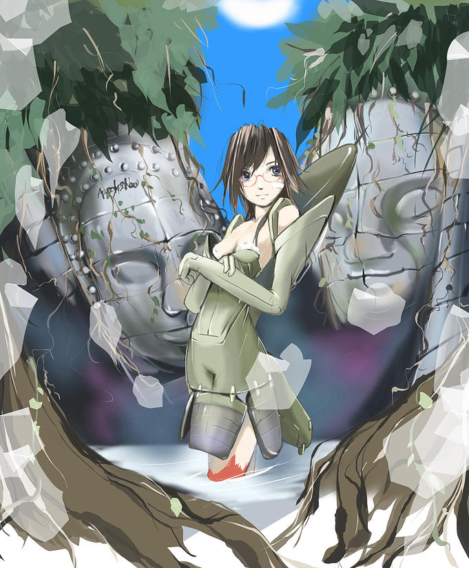 1girl airplane bandaid blue_eyes brown_hair crossed_arms detached_sleeves elbow_gloves f-105 glasses gloves jet leaf mecha_musume military nano original red-framed_glasses solo statue sun tree wading water