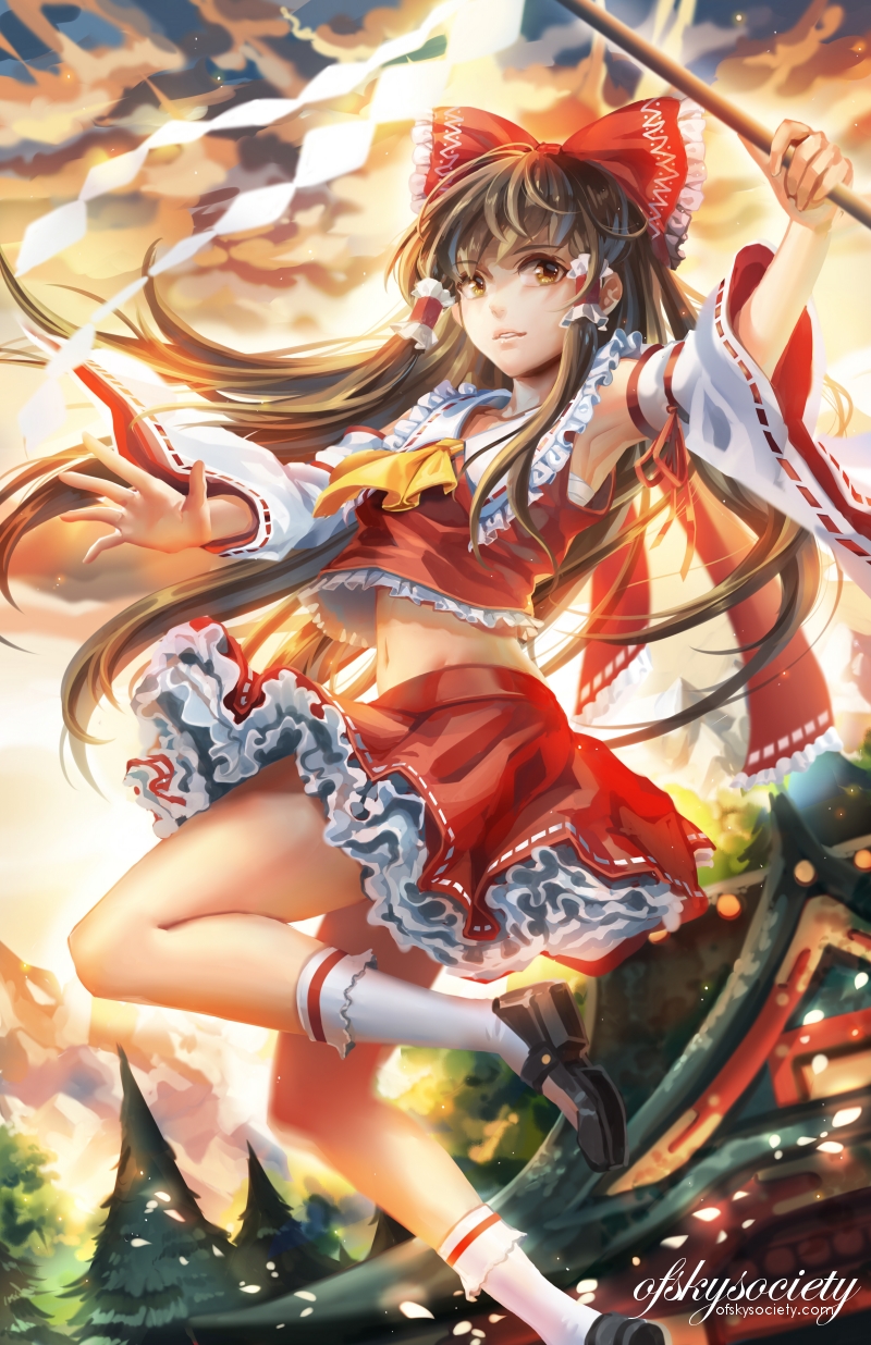 1girl alice_jing arm_up armpits bent_knees bow brown_hair cherry_blossoms clouds detached_sleeves frilled_skirt frills hair_bow hakurei_reimu highres holding japanese_clothes legs lips long_hair looking_at_viewer mary_janes midriff miko navel ofuda petals shoes skirt socks touhou traditional_clothes tree twintails watermark