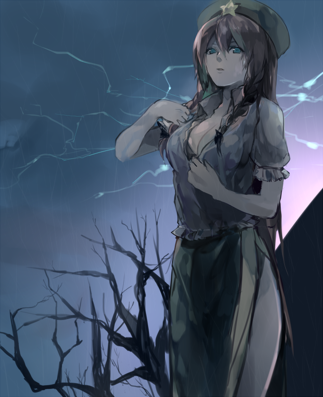 1girl asuna_(i_luv) black_bra blue_eyes bra braid breasts chinese_clothes cleavage collared_shirt hat hong_meiling large_breasts lightning long_hair long_skirt rain redhead shirt_pull short_sleeves side_slit skirt solo star thighs touhou tree twin_braids underwear vest_removed wall wet wet_clothes