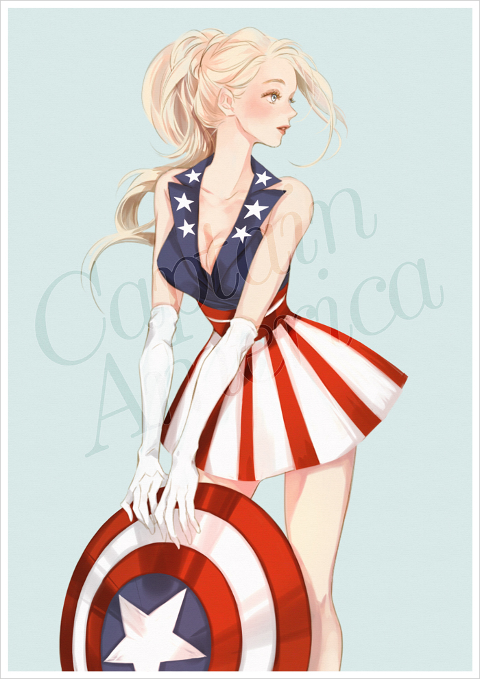 1girl blonde_hair blue_eyes breasts captain_america cleavage elbow_gloves female genderswap gloves long_hair marvel miniskirt ponytail shield skirt sogonmi solo steve_rogers vest