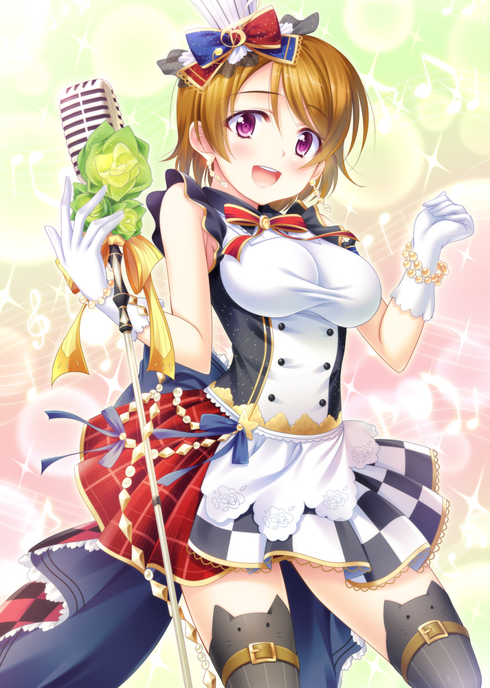 1girl :d belt bow bracelet breasts brown_hair flower gloves hair_bow jewelry koizumi_hanayo love_live!_school_idol_project microphone open_mouth rose short_hair skirt smile solo thigh-highs violet_eyes white_gloves yuurei_yashiki