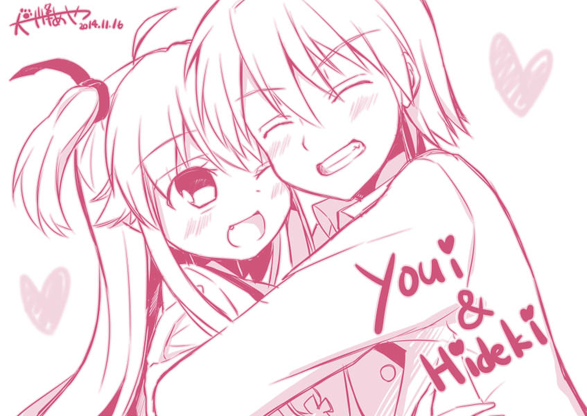 1boy 1girl angel_beats! fang hinata_(angel_beats!) hug inumine_aya little_busters!! long_hair monochrome one_eye_closed school_uniform serafuku twintails typo yui_(angel_beats!)