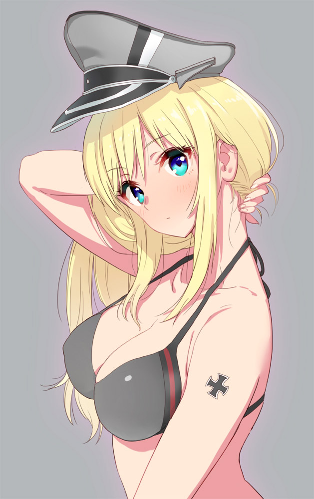 1girl bikini_top bismarck_(kantai_collection) blonde_hair blue_eyes breasts grey_background hat kantai_collection long_hair looking_at_viewer shijuu simple_background solo