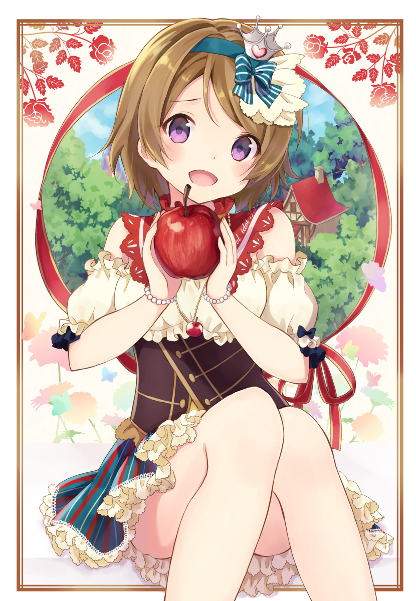 1girl :d apple bare_shoulders blush bow bracelet brown_hair flower food forest frilled_skirt frilled_sleeves frills fruit hair_bow hair_ornament hair_ribbon hairband highres holding holding_fruit house jewelry koizumi_hanayo looking_at_viewer love_live!_school_idol_project nature necklace open_mouth orange_hair pearl ribbon short_hair skirt smile solo striped striped_skirt tiara tree violet_eyes