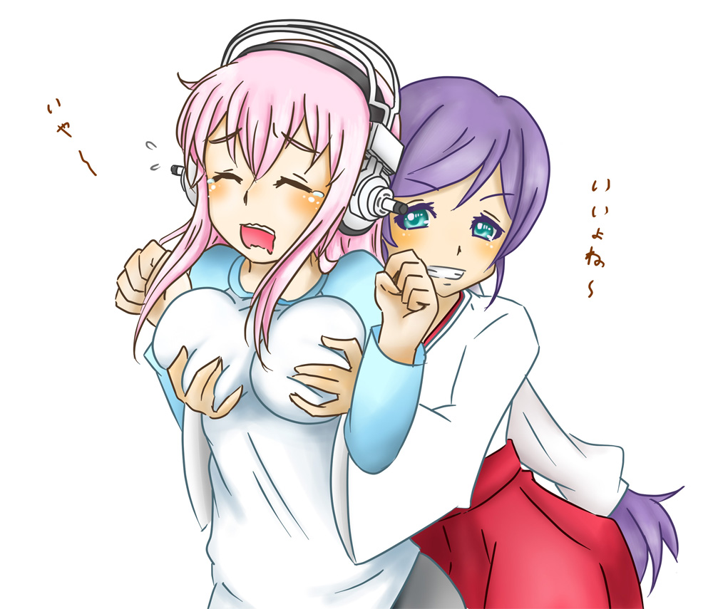 2girls blush breast_grab breasts closed_eyes crossover green_eyes headphones large_breasts long_hair love_live!_school_idol_project multiple_girls nitroplus open_mouth pink_hair purple_hair smile super_sonico toujou_nozomi twintails