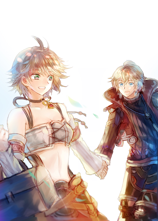 1boy 1girl blonde_hair blue_eyes case detached_sleeves fiorun green_eyes happy holding_hands jewelry looking_at_another midriff nadir necklace open_mouth pendant pulling short_hair shulk tank_top vest xenoblade