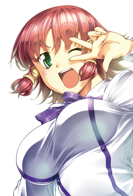 1girl ;d blush bowtie breasts green_eyes hair_tubes jon_shicchiou looking_at_viewer looking_down one_eye_closed open_mouth quiz_magic_academy redhead ruquia school_uniform short_hair simple_background smile solo taut_clothes taut_shirt v_over_eye white_background