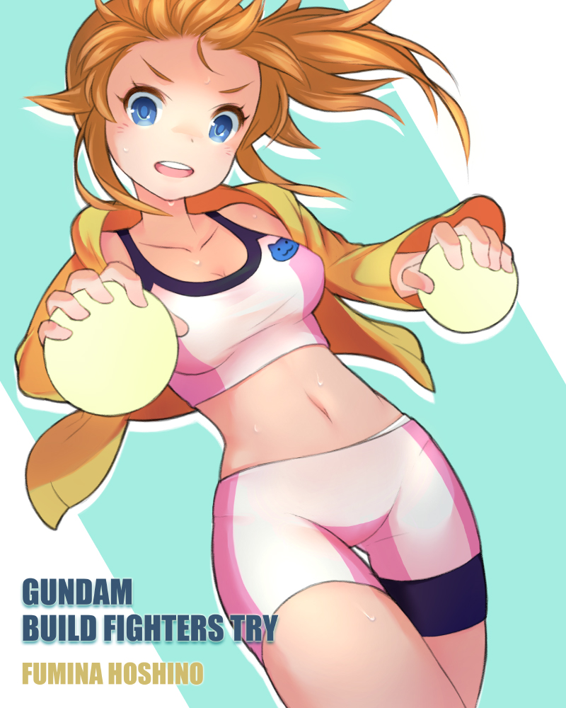 1girl bike_shorts blue_eyes breasts character_name copyright_name gundam gundam_build_fighters gundam_build_fighters_try hoshino_fumina jacket looking_at_viewer midriff navel orange_hair ponytail short_hair solo sports_bra tacta