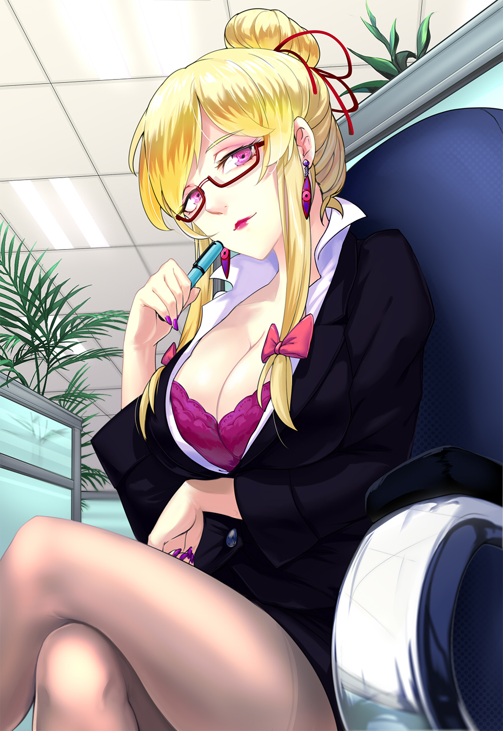 1girl alternate_hairstyle bangs bespectacled blonde_hair bow bra breast_rest breasts chair cleavage collarbone collared_shirt crossed_legs earrings ears eyebrows fingernails formal glasses hair_bow hair_ribbon hair_up head_tilt highres hunluan_zhongli jewelry large_breasts lights lips lipstick long_sleeves looking_at_viewer looking_down makeup nail_polish office office_chair office_lady open_clothes open_shirt pantyhose pen plant purple_bra purple_nails red-framed_glasses ribbon skirt_suit smile solo suit touhou underwear violet_eyes yakumo_yukari