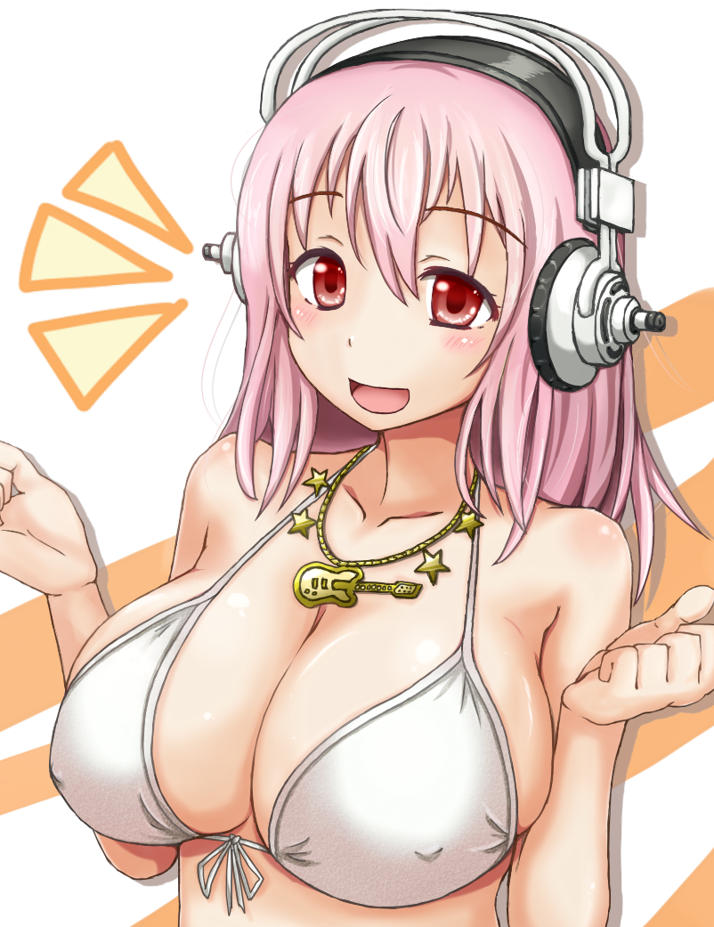 1girl bikini blush breasts cleavage headphones large_breasts long_hair looking_at_viewer nekomaranai nitroplus open_mouth pink_hair red_eyes smile solo super_sonico swimsuit
