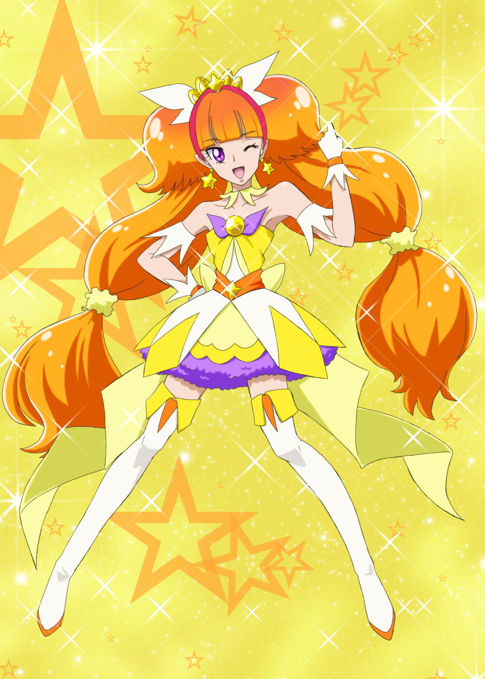 1girl ;d amanogawa_kirara bare_shoulders boots brown_hair choker cure_twinkle full_body gloves go!_princess_precure hand_on_hip highres long_hair magical_girl moritakusan one_eye_closed open_mouth precure smile solo star starry_background thigh-highs thigh_boots twintails violet_eyes white_gloves white_legwear yellow_background