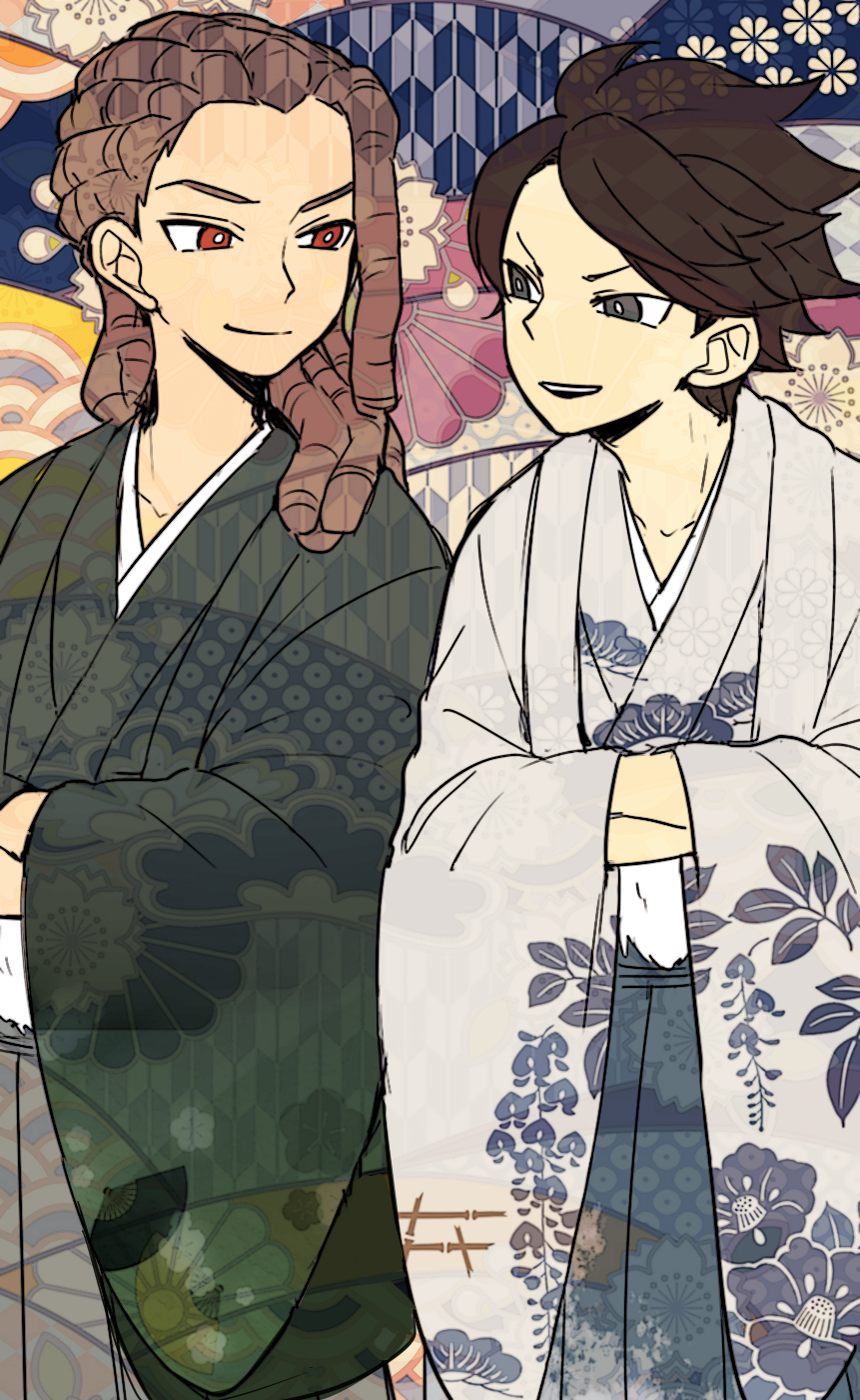 2boys brown_hair fudou_akio hairlocs hakama highres inazuma_eleven_(series) inazuma_eleven_go japanese_clothes kidou_yuuto kimono long_hair male_focus multiple_boys no_goggles open_mouth red_eyes saku_anna seigaiha short_hair yagasuri