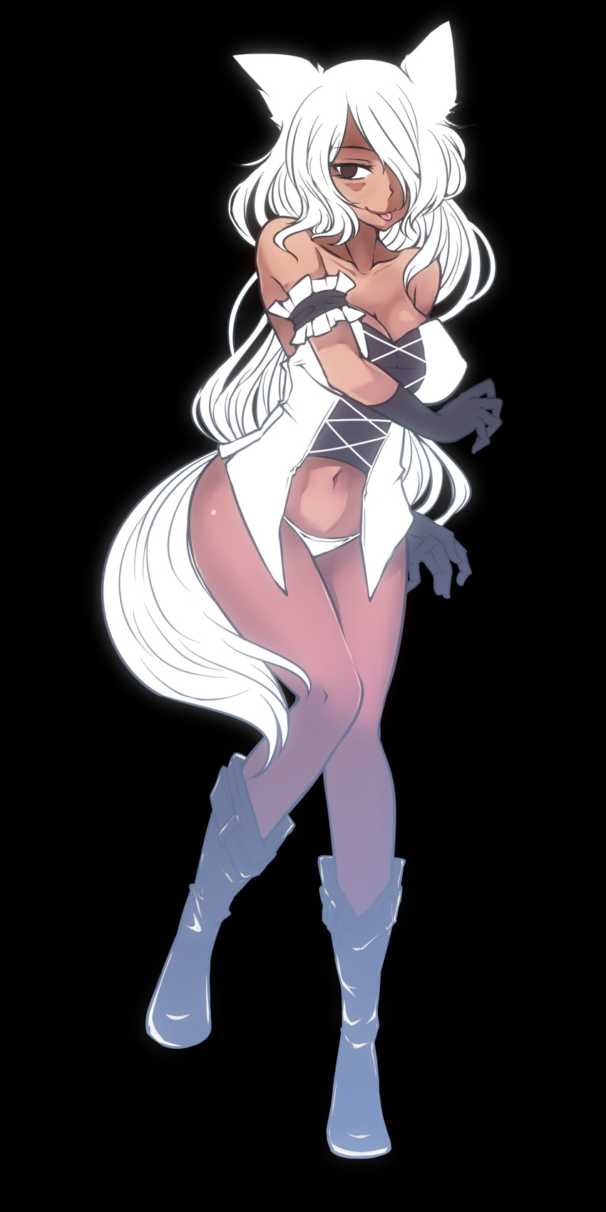 1girl animal_ears aoshima arm_strap bare_shoulders boots breasts brown_eyes cleavage corsage hair_over_one_eye highres large_breasts long_hair looking_at_viewer midriff navel no_pants original panties silver_hair smile solo tail tongue tongue_out underwear very_long_hair white_hair white_panties wolf_ears wolf_tail