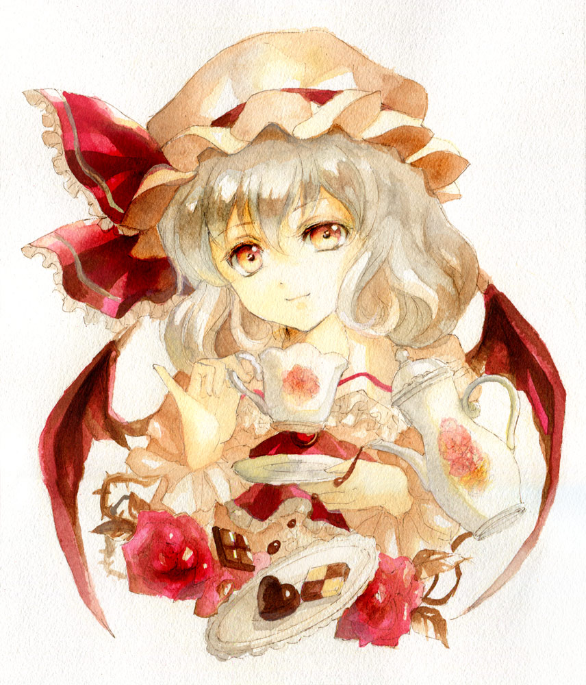 1girl acrylic_paint_(medium) ascot bat_wings brooch bust chocolate cookie cup flower food hat hat_ribbon jewelry keiko_(mitakarawa) looking_at_viewer mob_cap plate red_eyes red_rose remilia_scarlet ribbon rose silver_hair smile solo teacup teapot touhou traditional_media vines watercolor_(medium) wings