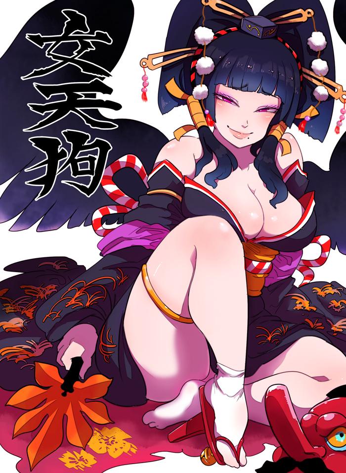 1girl bare_shoulders bird_wings black_hair black_wings blush breasts character_name cleavage collarbone dead_or_alive dead_or_alive_5 eyeshadow fan feathered_wings hair_ornament hair_stick hair_tubes hat holding japanese_clothes kafun kimono large_breasts lips long_hair long_sleeves makeup mask mole mole_under_mouth nyotengu obi pom_pom_(clothes) sandals sash sitting smile socks solo tengu_mask thigh_strap tokin_hat violet_eyes wings