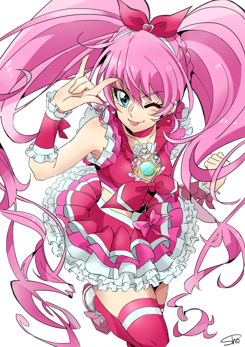 1girl ;) ;p \m/ absurdly_long_hair arm_warmers blue_eyes bow braid brooch cure_melody eyelashes female frilled_skirt frilled_sleeves frills heart houjou_hibiki jewelry layered_skirt long_hair looking_at_viewer magical_girl midriff one_eye_closed pink_hair pink_legwear precure ribbon simple_background skirt smile solo suite_precure thigh-highs tongue tongue_out twintails very_long_hair white_background zettai_ryouiki