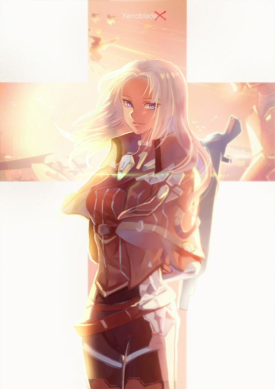 1girl armor belt beltskirt bodysuit boots breastplate copyright_name dark_skin elma_(xenoblade_x) long_hair looking_at_viewer nadir red_sky sky smile solo sword thigh-highs thigh_boots weapon white_hair wind xenoblade xenoblade_chronicles_x
