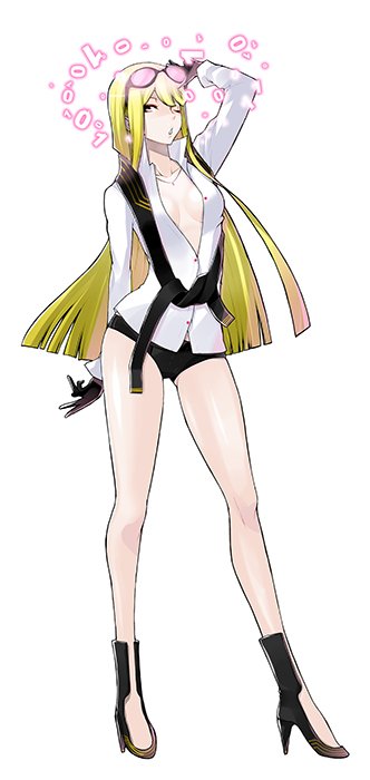 1girl black_gloves black_shoes black_shorts blonde_hair breasts breasts_apart digimon digimon_story:_cyber_sleuth gloves grey_eyes high_heels jewelry kuremi_kyouko long_hair necklace official_art print_shoes safety_belt shirt short_shorts shorts simple_background solo sunglasses sunglasses_on_head very_long_hair white_shirt yasuda_suzuhito