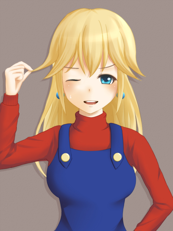 1girl ;d blonde_hair blue_eyes blush breasts earrings hair_tussle jewelry long_hair looking_at_viewer mario mario_(cosplay) nintendo one_eye_closed open_mouth overalls princess_peach smile solo super_mario_bros. sweatdrop