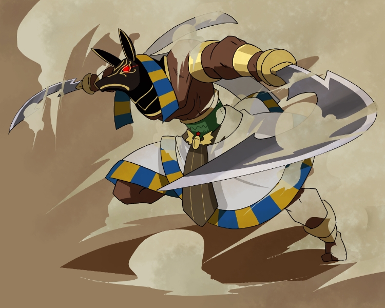 1boy brown_background dark_skin dual_wielding dust_cloud egyptian_clothes glowing glowing_eyes kansuke_(bubuduke) mask red_eyes salaam_(sennen_sensou_aigis) sennen_sensou_aigis sword weapon