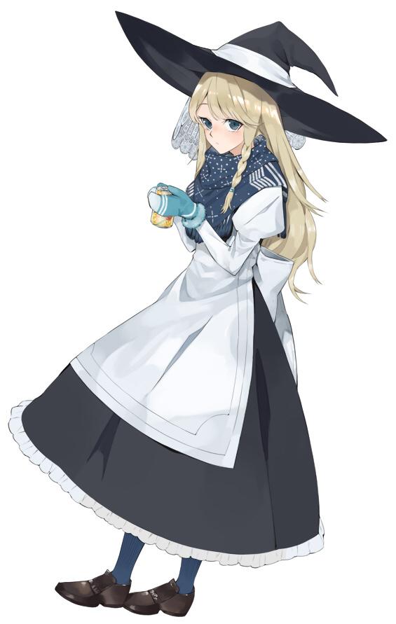 1girl adapted_costume alternate_costume alternate_eye_color apron black_dress blonde_hair blue_eyes blue_gloves blue_legwear bow braid dress frills full_body gloves hair_bow hair_ornament hat hat_ribbon hayashi_kewi juliet_sleeves kirisame_marisa long_hair long_sleeves looking_at_viewer puffy_sleeves ribbon scarf shoes side_braid simple_background single_braid soda_can solo touhou white_background witch_hat