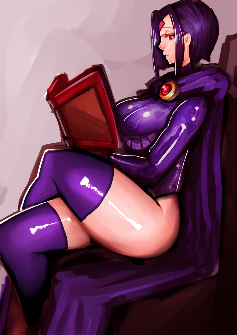 1girl book breasts cape crossed_legs dc_comics large_breasts purple_hair purple_legwear raven_(dc) short_hair sitting solo teen_titans thigh-highs thighs violet_eyes zxc