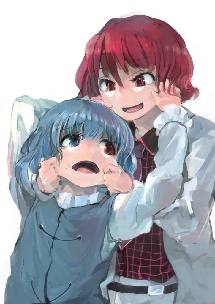 2girls arms_up belt blue_eyes blue_hair cheek_pinching heterochromia horikawa_raiko ichiba_youichi jacket juliet_sleeves long_sleeves looking_at_another looking_back multiple_girls open_mouth pinching plaid plaid_shirt puffy_sleeves red_eyes redhead shirt short_hair simple_background skirt smile sweatdrop tatara_kogasa touhou white_background