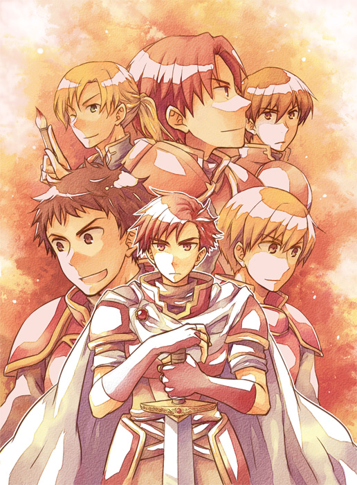 6+boys ;) alen armor blonde_hair brown_eyes brown_hair cain_(fire_emblem) cape fiery_background fingerless_gloves fire fire_emblem fire_emblem:_ankoku_ryuu_to_hikari_no_tsurugi fire_emblem:_fuuin_no_tsurugi fire_emblem:_mystery_of_the_emblem fire_emblem:_rekka_no_ken fire_emblem:_seima_no_kouseki fire_emblem:_seisen_no_keifu fire_emblem:_souen_no_kiseki forde gloves kent_(fire_emblem) kieran knight looking_away multiple_boys noish_(fire_emblem) one_eye_closed open_mouth orange_eyes orange_hair red_eyes red_gloves redhead serina_ranshi serious smile sword trait_connection weapon