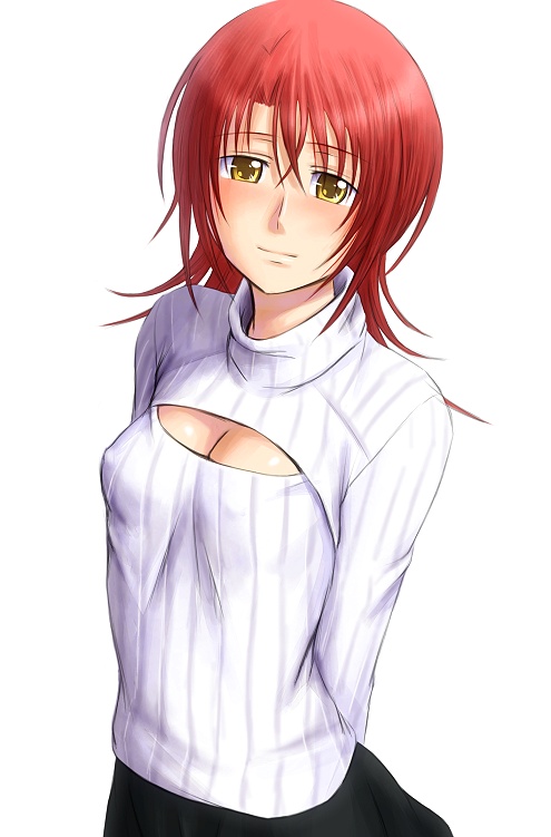 1girl blush bonnie_(rsg) cleavage_cutout hino_kahoko la_corda_d'oro looking_at_viewer open-chest_sweater redhead ribbed_sweater short_hair solo sweater turtleneck yellow_eyes