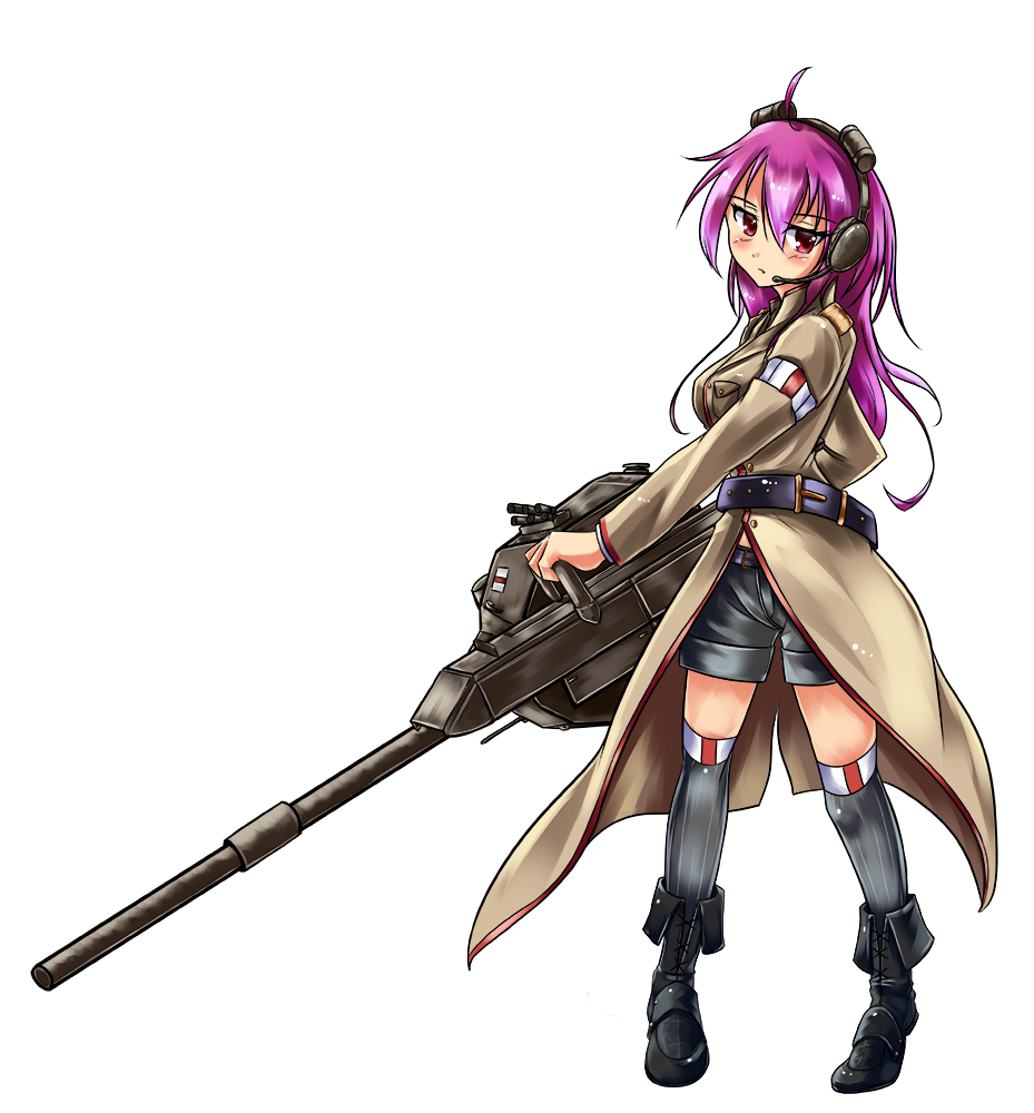 1girl ahoge belt boots cannon epaulettes fv215b_183 headset original over-kneehighs personification purple_hair red_eyes short_shorts shorts simple_background solo thigh-highs trench_coat uldiana white_background world_of_tanks