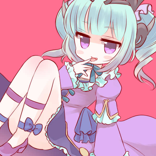 1girl anklet aqua_hair astaroth_(p&amp;d) blush_stickers bow convenient_leg demon_girl demon_horns dress finger_to_mouth frilled_sleeves frills hair_ornament high_heels horns jewelry long_sleeves marshmallow_mille no_nose open_mouth pink_background puffy_long_sleeves puffy_sleeves purple_dress puzzle_&amp;_dragons ribbon short_hair simple_background smile solo tiara tongue tongue_out twintails violet_eyes