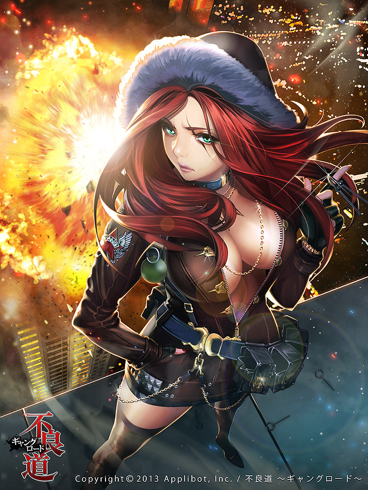 1girl breasts explosion explosive furyou_michi_~gang_road~ green_eyes grenade hood large_breasts leather_jacket leather_suit long_hair original redhead scar solo thigh-highs ukero