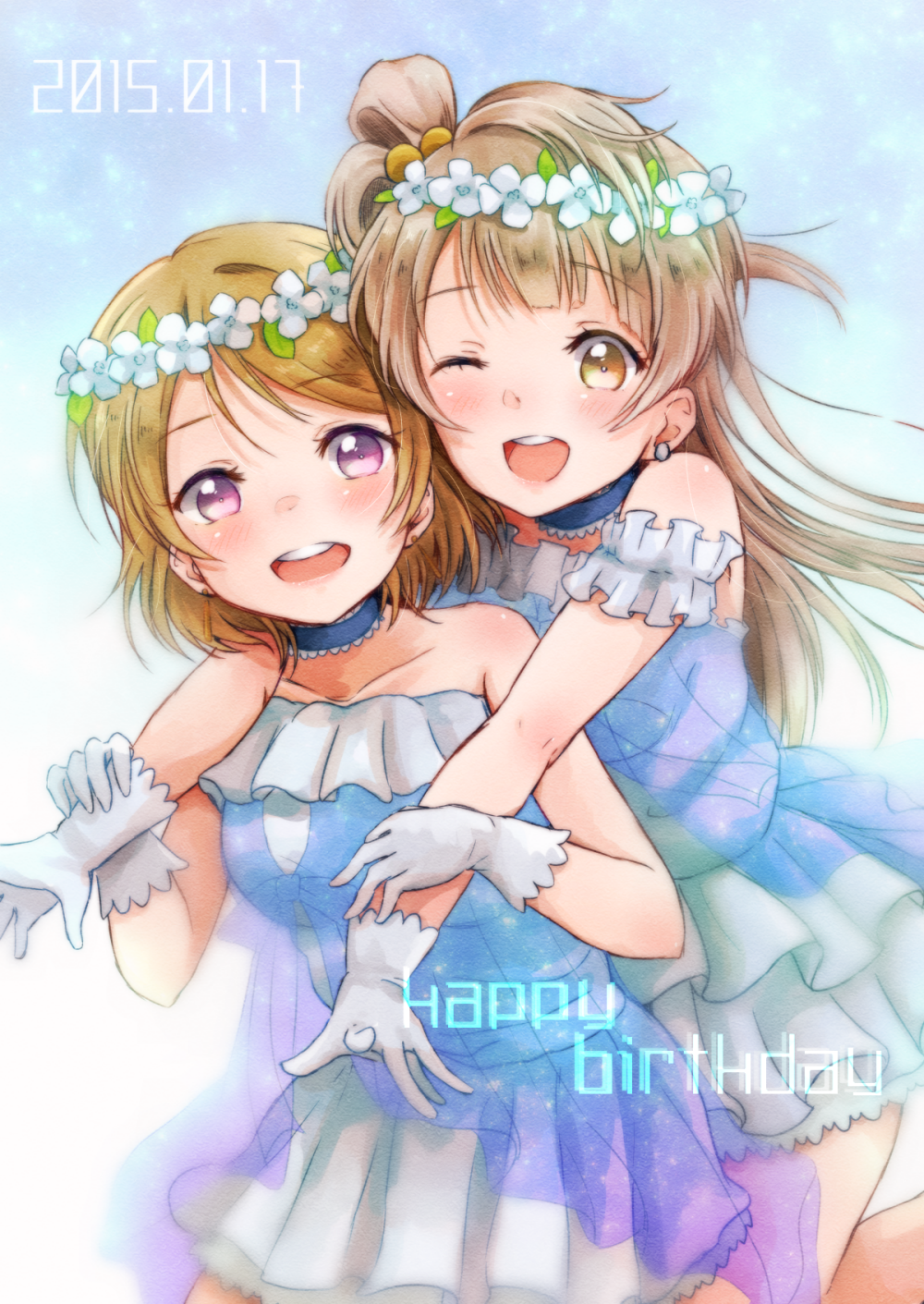 2015 2girls :d ;d bare_shoulders blue_background blue_dress blush bow brown_eyes brown_hair choker dress earrings flower flower_on_head flower_wreath frills gloves gradient gradient_background hair_bow half_updo highres jewelry koizumi_hanayo lilylion26 long_hair looking_at_viewer love_live!_school_idol_project minami_kotori multiple_girls one_eye_closed open_mouth short_hair side_ponytail smile violet_eyes white_background yellow_eyes
