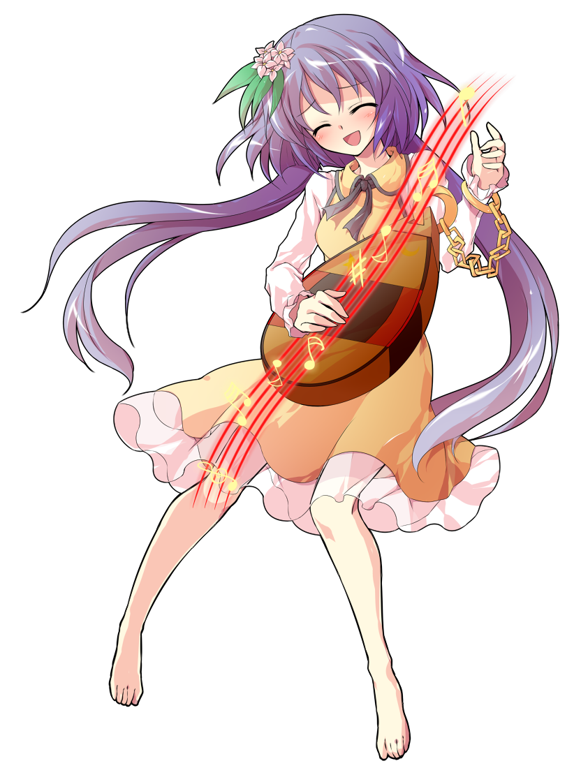 1girl :d ^_^ alphes_(style) barefoot biwa_lute blush chain closed_eyes dairi dress expressions facing_viewer flower hair_flower hair_ornament happy instrument laughing long_sleeves lute_(instrument) musical_note open_mouth parody purple_hair short_hair_with_long_locks smile solo style_parody tachi-e touhou transparent_background tsukumo_benben violet_eyes