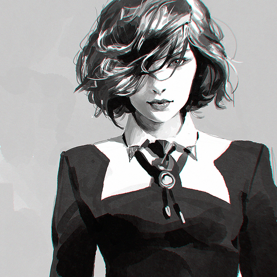 1girl character_request collared_shirt curly_hair hair_over_one_eye ilya_kuvshinov lips looking_at_viewer monochrome profile short_hair simple_background solo