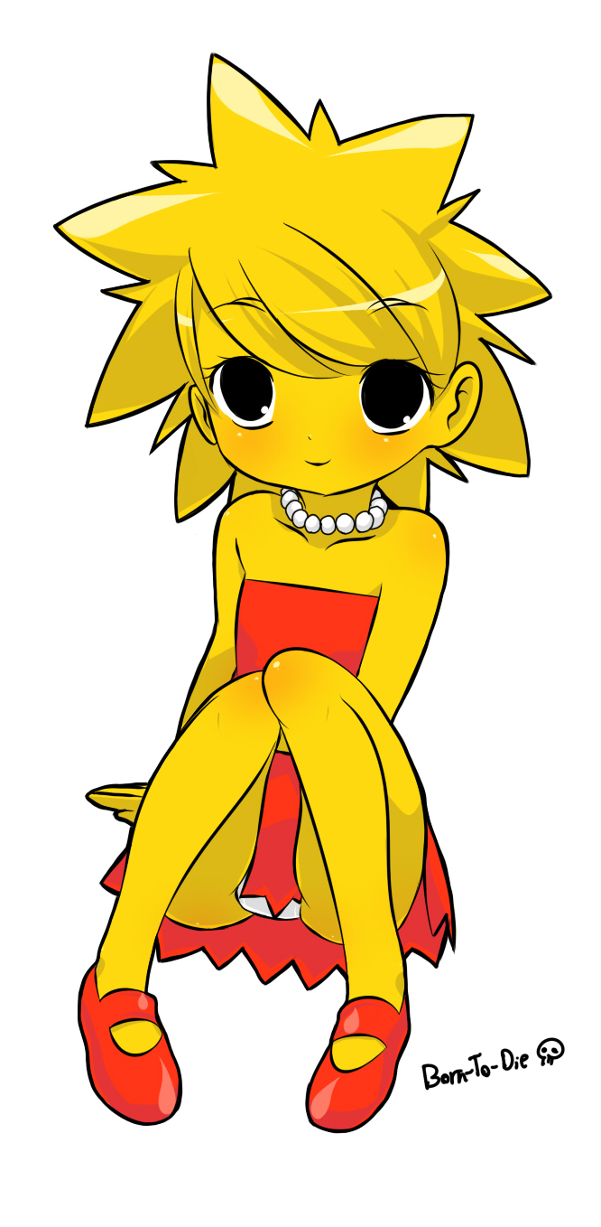 1girl arm_support artist_name black_eyes blonde_hair born-to-die dress highres jewelry lisa_simpson necklace panties simple_background sitting smile solo the_simpsons underwear white_background white_panties yellow_skin