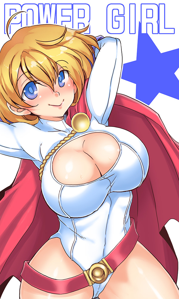 1girl arms_behind_head arms_up blonde_hair blue_eyes breasts cape cleavage cleavage_cutout dc_comics large_breasts looking_at_viewer power_girl short_hair simple_background smile solo star thighs white_background