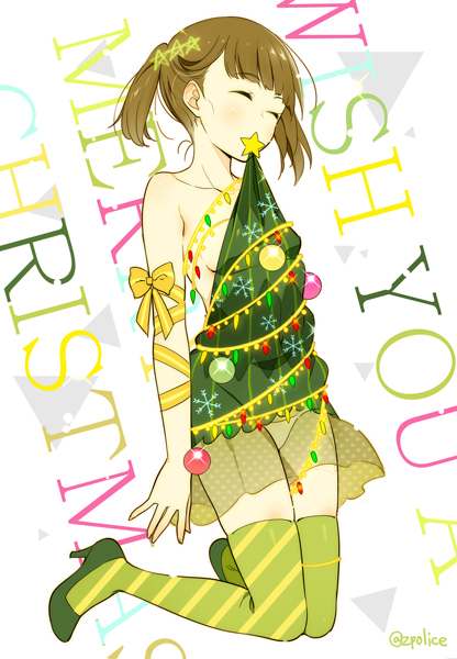 1girl blush bow breasts brown_hair christmas christmas_lights christmas_ornaments christmas_tree_costume closed_eyes collarbone diagonal_stripes english entangled green_legwear green_shoes merry_christmas mismatched_legwear mouth_hold original panties pentagram ribbon see-through shoes sideboob solo star striped striped_legwear twintails twitter_username underwear zpolice