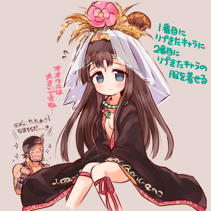 1girl blue_eyes blush breasts brown_hair circlet cleavage coat comb cosplay facial_mark flower flying_sweatdrops forehead_mark headdress jewelry kushinada_(p&amp;d) long_hair long_sleeves magatama marshmallow_mille naked_coat necklace no_nose ookuninushi_(p&amp;d) ookuninushi_(p&amp;d)_(cosplay) puzzle_&amp;_dragons ribbon simple_background sitting sleeves_past_wrists smile sparkle translation_request very_long_hair wheat