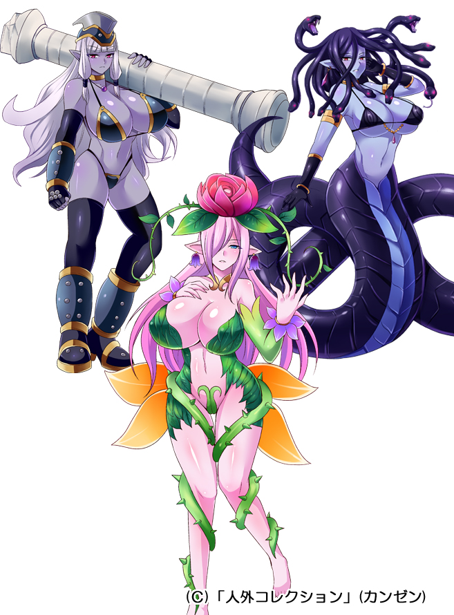 3girls armlet armor armored_boots barefoot bikini_armor bikini_top black_hair blue_eyes blue_skin breasts choker copyright_request detached_sleeves earrings elbow_gloves fingerless_gloves gloves hair_over_one_eye hat huge_breasts jewelry lamia lavender_hair long_hair glasses_man monster_girl multiple_girls navel payot pendant pink_hair plant_girl pointy_ears purple_skin red_eyes scales simple_background snake_hair thigh-highs thorns vambraces very_long_hair white_background
