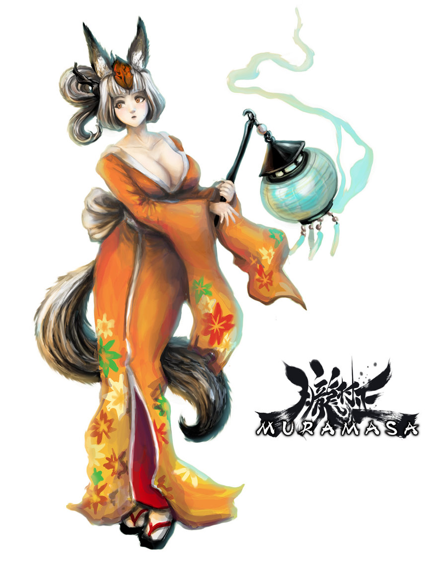 1girl animal_ears bangs blush breasts cleavage copyright_name fox_ears fox_tail japanese_clothes jay_phenrix kimono kitsune kongiku lantern large_breasts leaf leaf_on_head oboro_muramasa orange_eyes payot simple_background solo tail traditional_clothes white_background white_hair