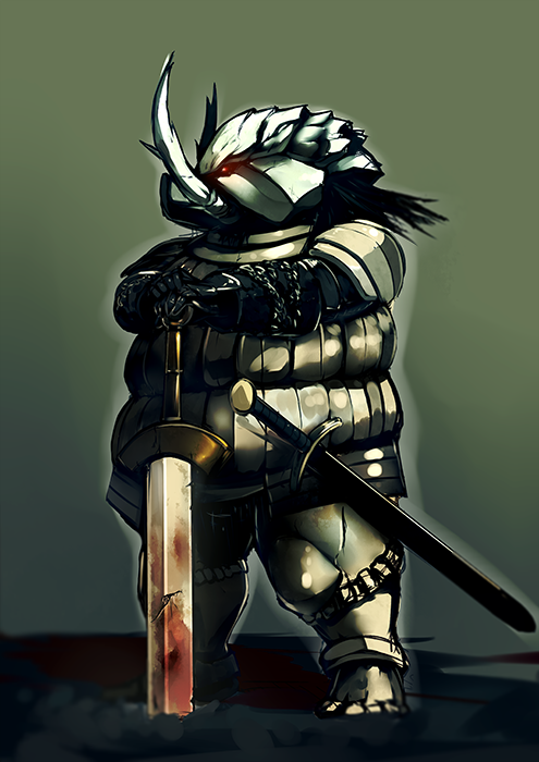 armor blood boar chosen_undead dark_souls hands_on_hilt helmet konishi_(koconatu) solo souls_(from_software) sword weapon